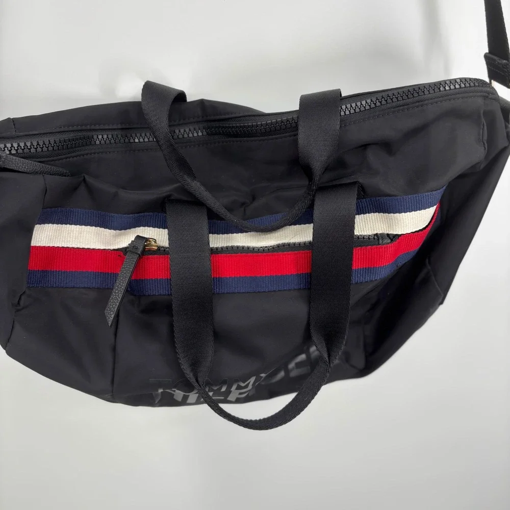 Tommy Hilfiger Black Nylon Messenger Crossbody Bag‎ Red White Blue Stripe Logo
